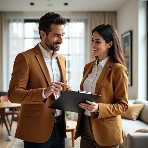 Profesionales inmobiliarios revisando un análisis comparativo de mercado en Tultitlán, representando la tranquilidad y seguridad en la venta de propiedades